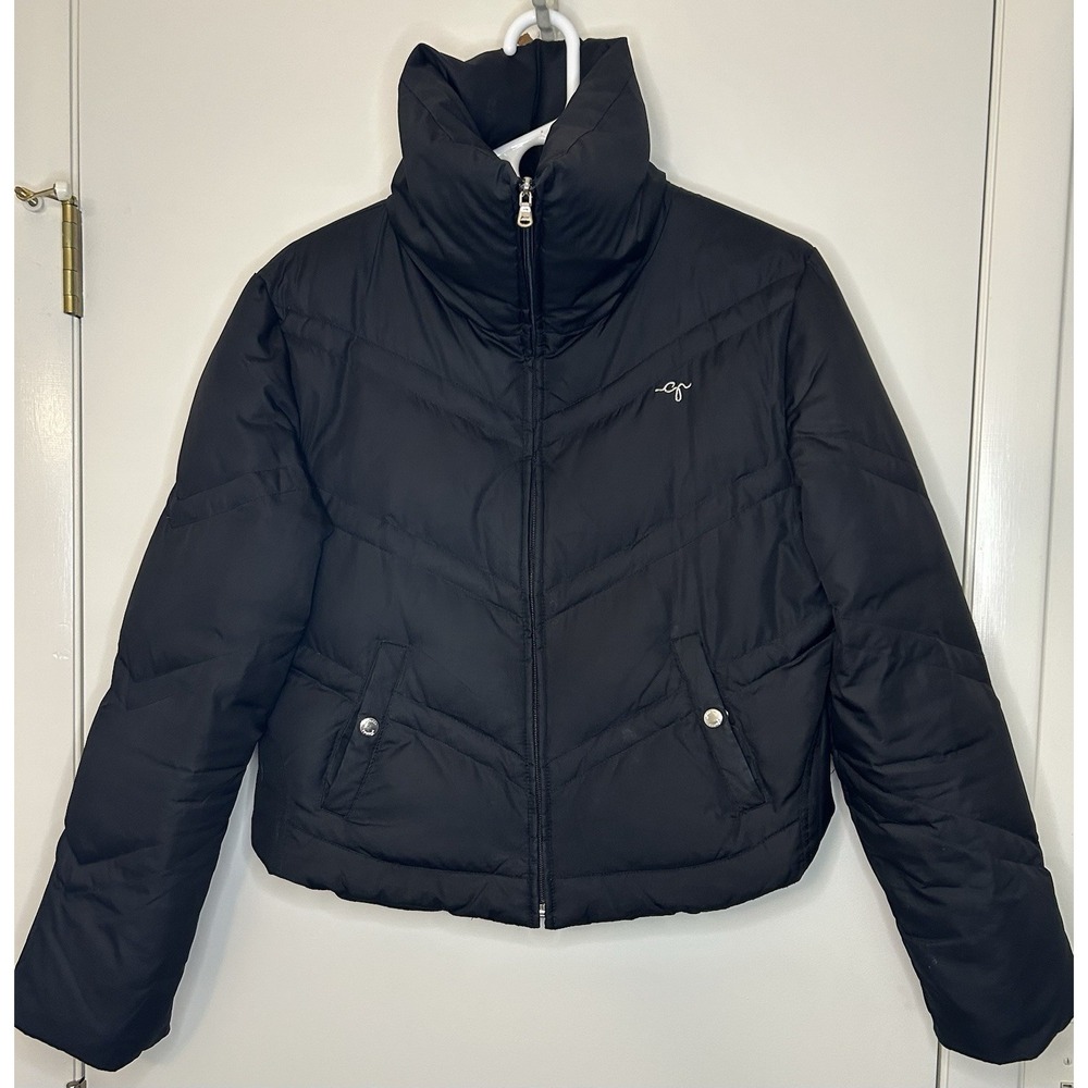 GUESS Black Puffer Jacket Coat Pockets Cropped Chevron Stitching Solid Womens L